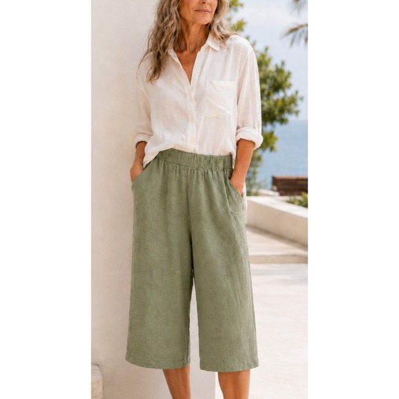 Flax Pants - Flax 100% Linen Crop Pants Wide Leg Elastic Waist Faded Green Medium Lagonlook